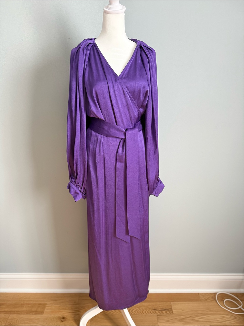Uterque Purple Satin Wrap Midi Dress with Tie Belt